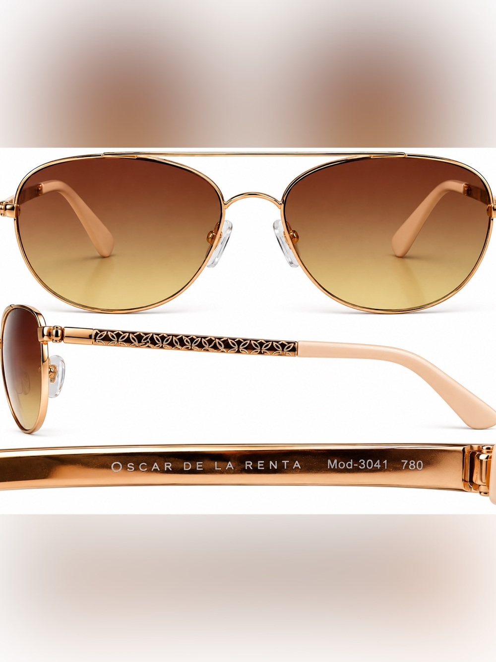 Oscar de la Renta Gold Metal Aviator Sunglasses with Brown Gradient Lenses.